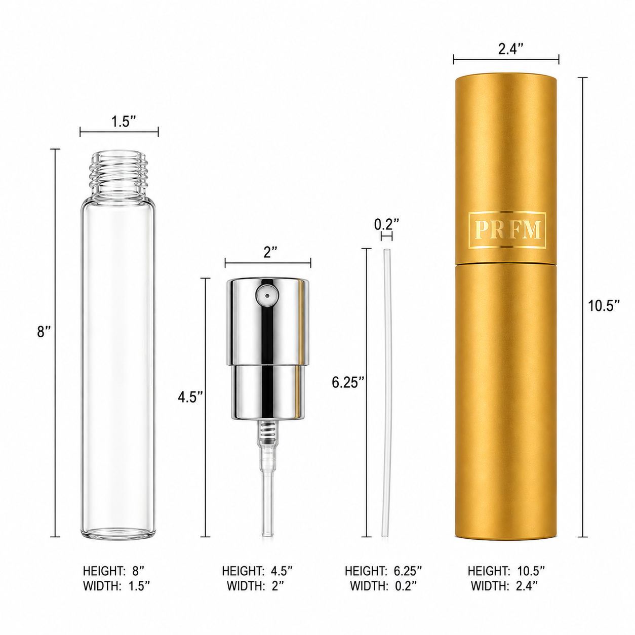 Measurement chart of a gold bottle with PRFM branding, clear bottle, and silver cap on a white background.