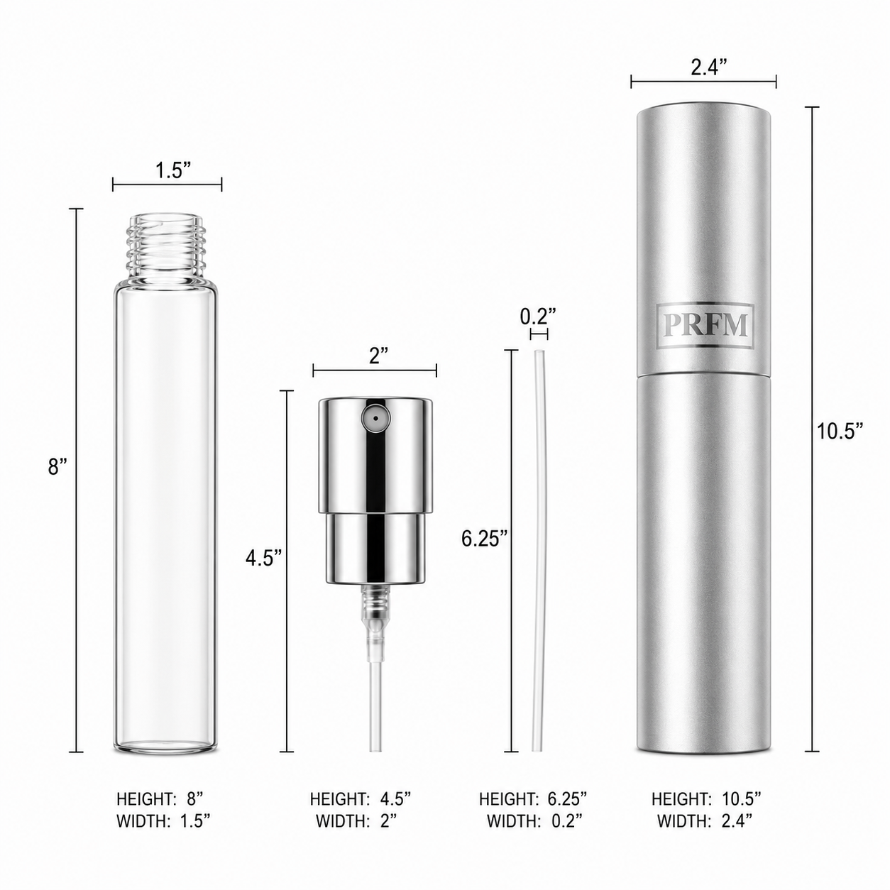Measurement chart of a silver cosmetic bottle with PRFM branding