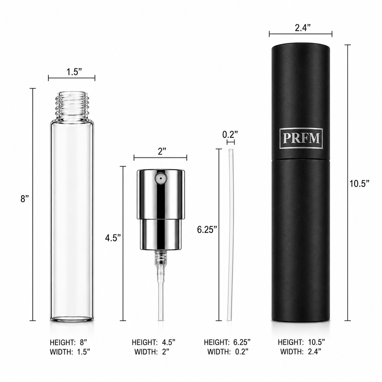 Measurement chart of a clear glass bottle, silver pump, and black cylindrical container with 'PREM' branding.