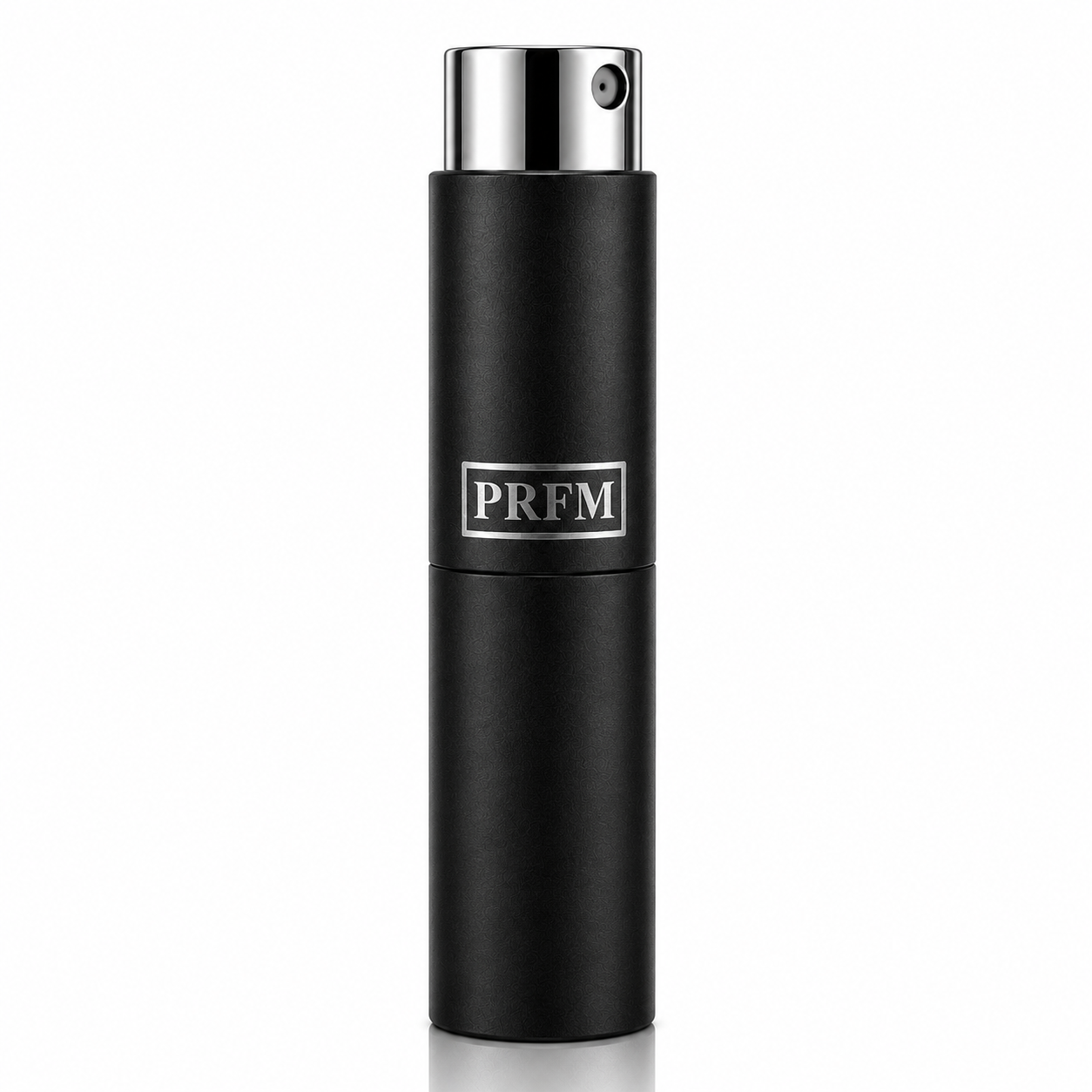 Black perfume bottle with silver cap on a white background