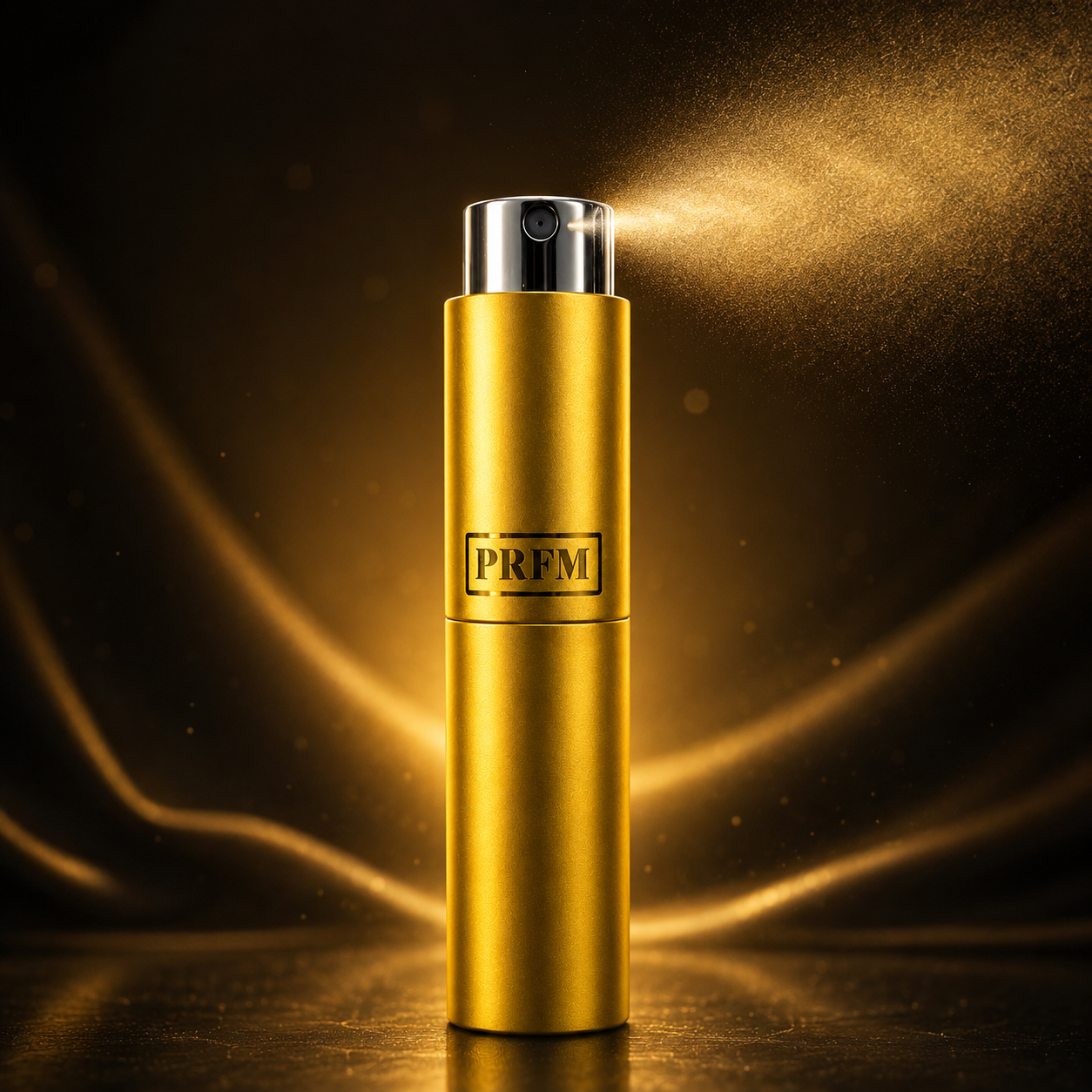 Gold spray can with 'PREM' branding on a dark background