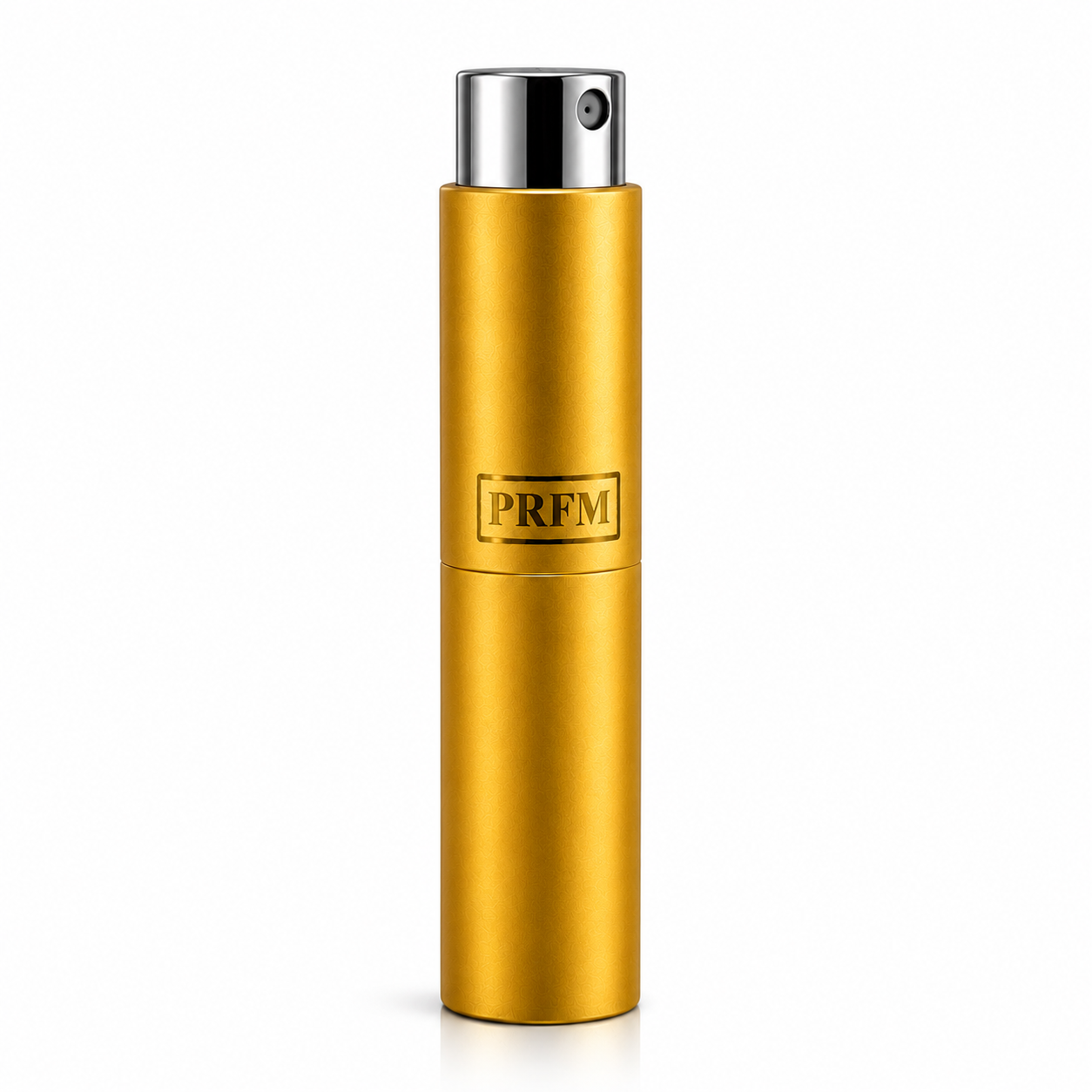 Gold perfume bottle with silver cap on a white background