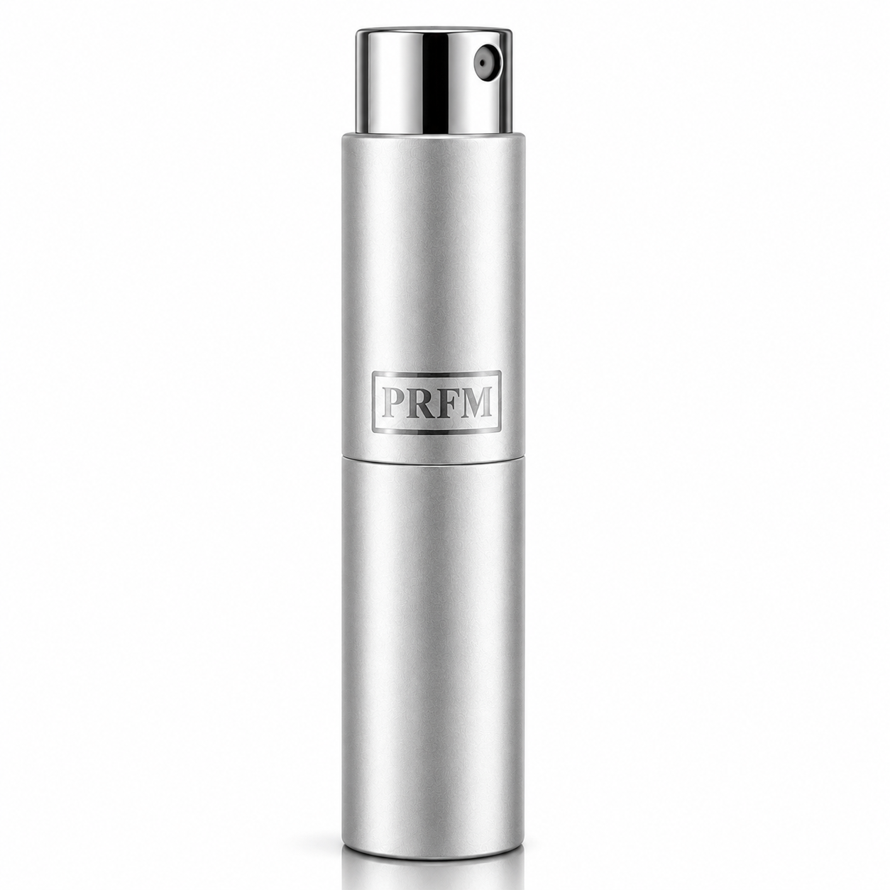 Silver spray bottle with 'PRFM' branding on a white background